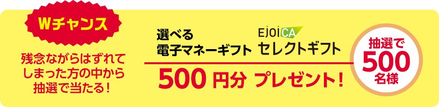 Wチャンス：残念ながらはずれてしまった方の中から抽選で当たる！選べる電子マネーギフト500円分を抽選で500名様にプレゼント！