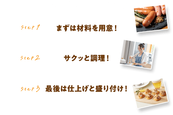 かんたん3ステップ：STEP1 まずは材料を用意！、STEP2 サクッと調理！STEP3 最後は仕上げと盛り付け！