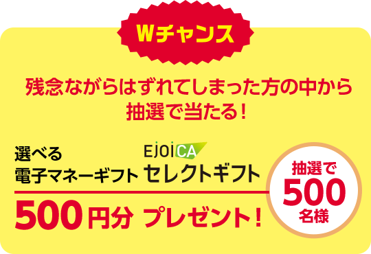 Wチャンス：残念ながらはずれてしまった方の中から抽選で当たる！選べる電子マネーギフト500円分を抽選で500名様にプレゼント！