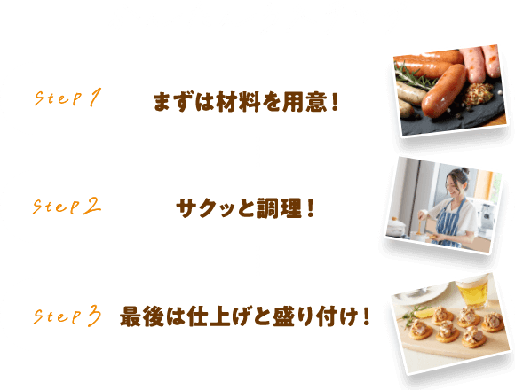 かんたん3ステップ：STEP1 まずは材料を用意！、STEP2 サクッと調理！STEP3 最後は仕上げと盛り付け！